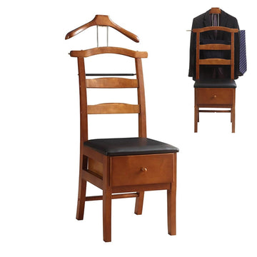 Wood Suit Valet Stand, Clothing Valet Chair with Drawer, Wrinkle-Free Garment Rack