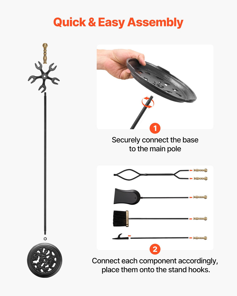Fireplace Tool Set, 5 PCS Fire Tool Set and Holder with Five-Prong Stand, Tongs, Ash Shovel, Brush, Fire Place Poker