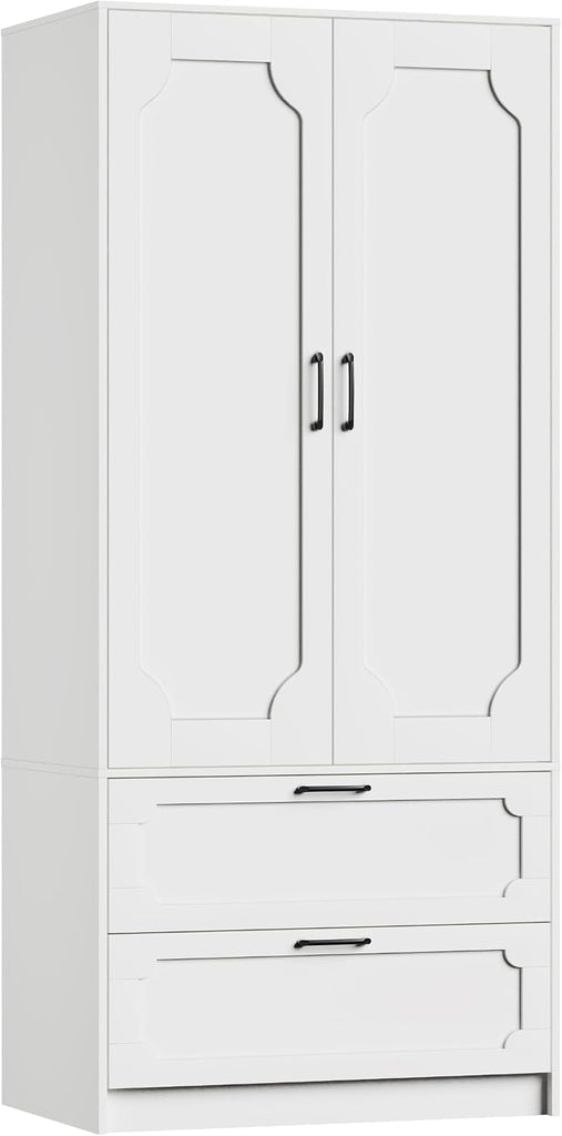 71''H Armoire Wardrobe Closet with 2 Doors and 2 Drawers | Modern Clothing Storage Cabinet with Hanging Rod, Wooden