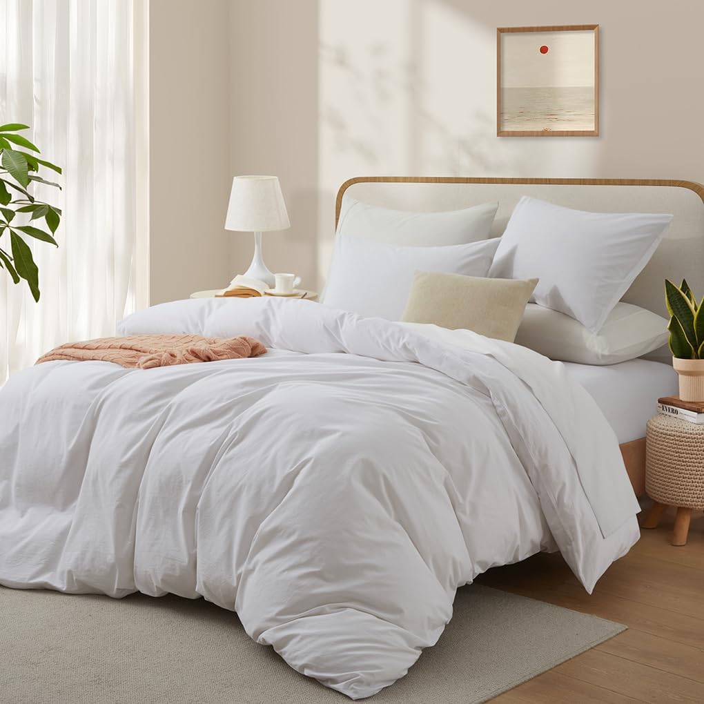 100% Washed Cotton Duvet Cover Queen, White Linen Like Breathable Natural Bedding Set (No Comforter), 90x90 Inches