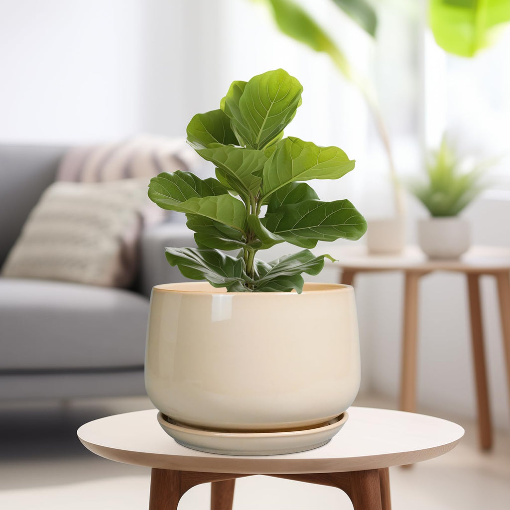 Ceramic Plant Pots - 9 Inch Round Planter, Ceramic Flower Pots with Drainage and Saucer, Modern Indoor Outdoor