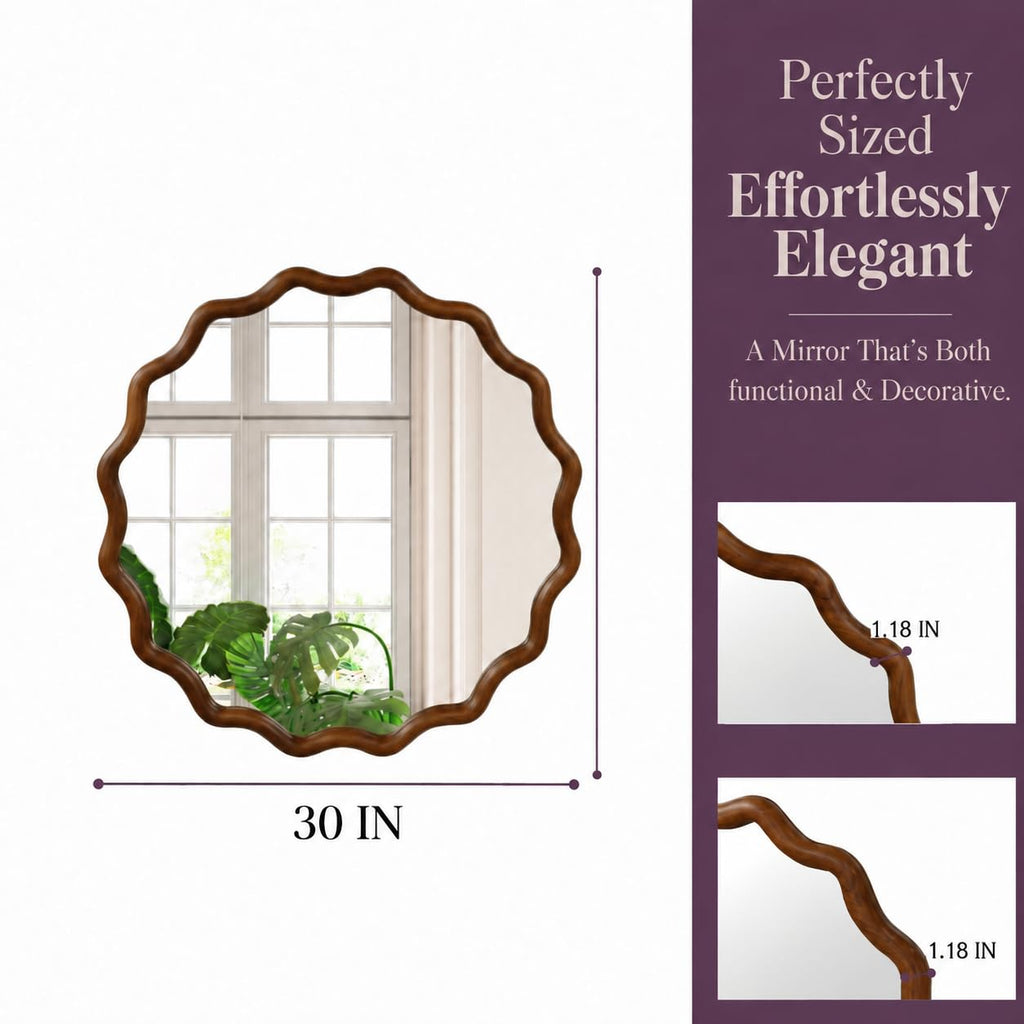 30" Walnut Wavy Round Mirror, Scalloped Wood Frame Wall Mirror