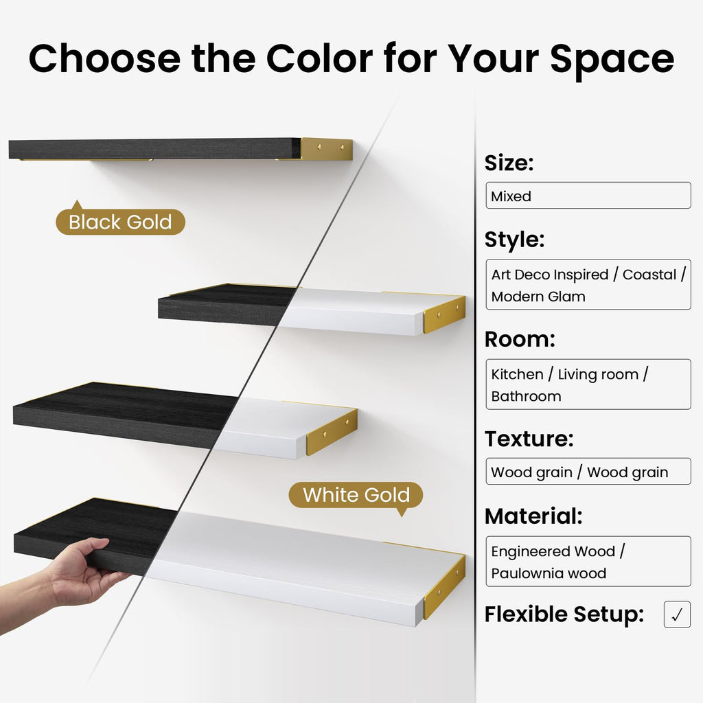 Wall Mounted Floating Shelves (White and Gold, Set of 4, 16" Mixed)