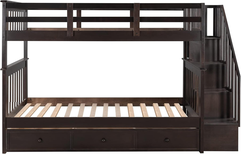 Wood Twin Over Twin Bunk Bed with Drawers and Stairs