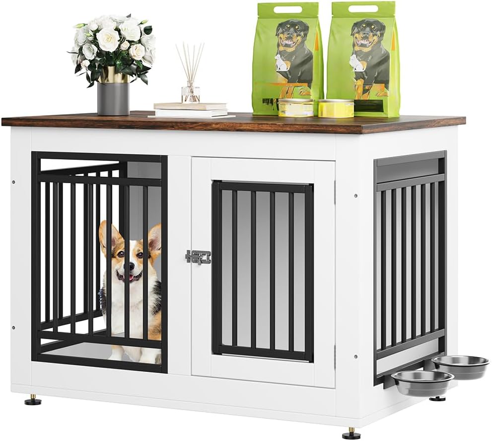 35" Dog Crate Furniture, Wooden Side End Table with Adjustable Feet and Removable Bowls, Dog Kennel Indoor for Small