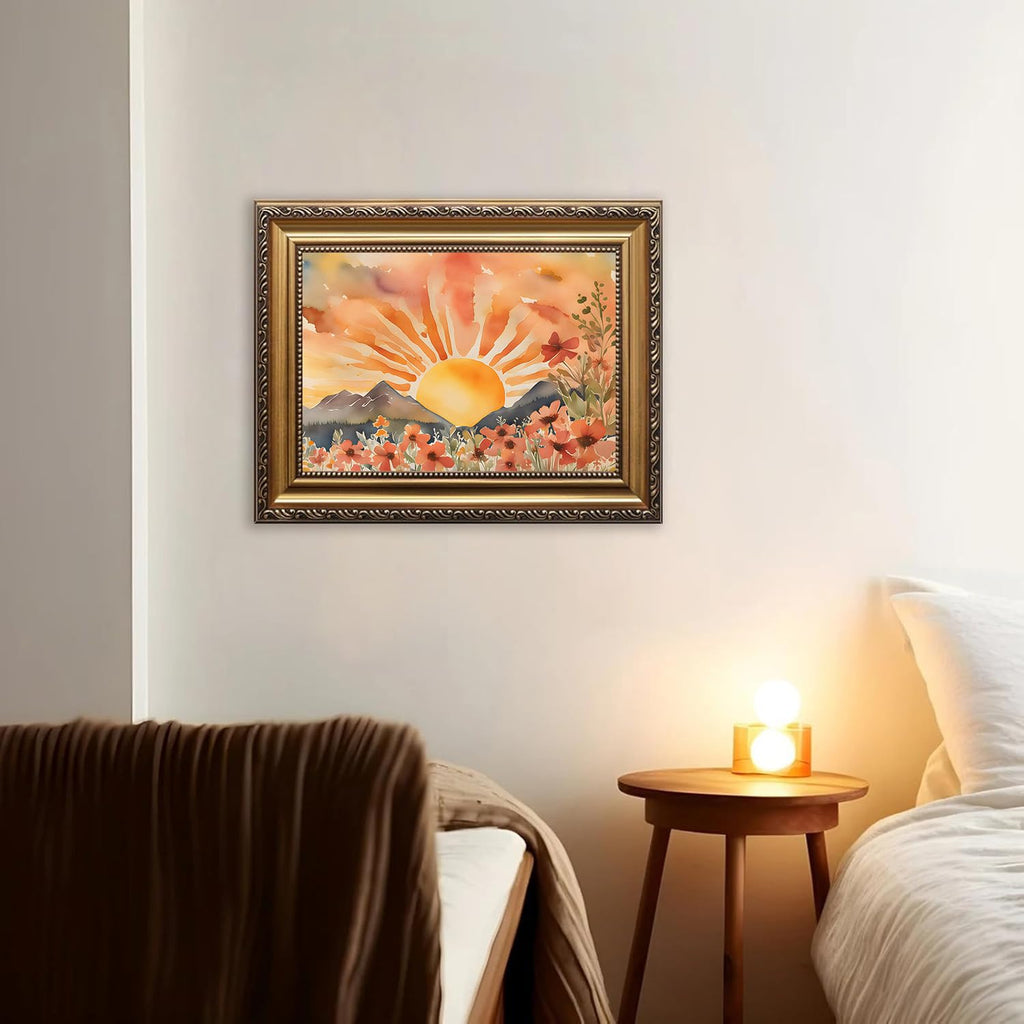 Sunshine Wall Art Sun Picture Wall Decor Sunset Prints Gold Framed Boho Landscape Paintings, Modern Aesthetic Artwork