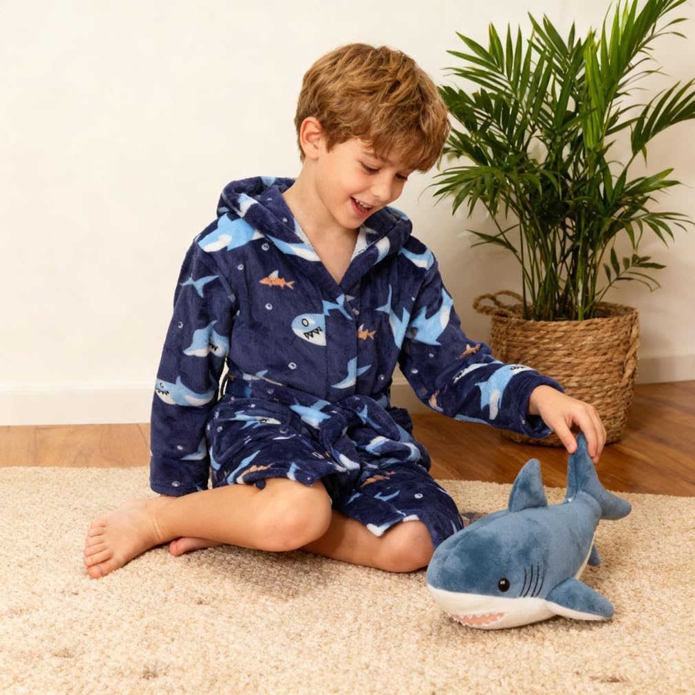 Boys Fleece Robe Kids Hooded Bathrobe Plush Soft Fuzzy Bathrobe for Children