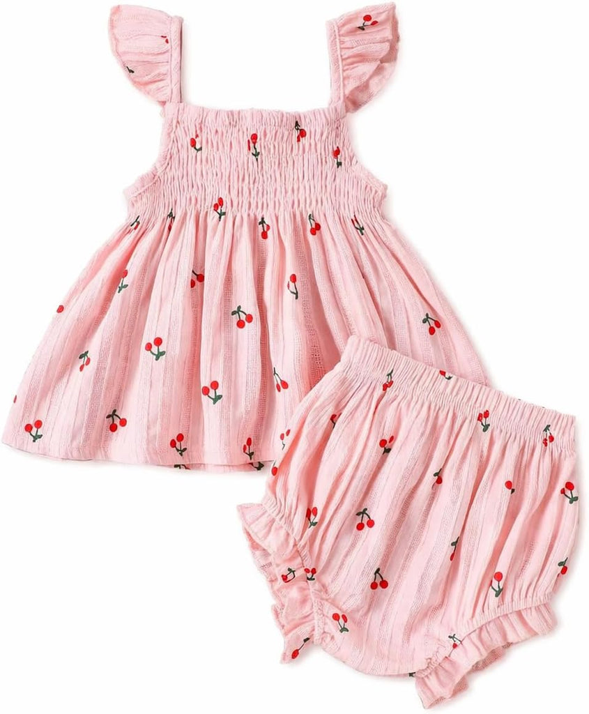 Baby Girl Cherry Print Piece Outfit, 100% Cotton Smocked Sleeveless Dress & Ruffle Bloomer Shorts Clothing Set