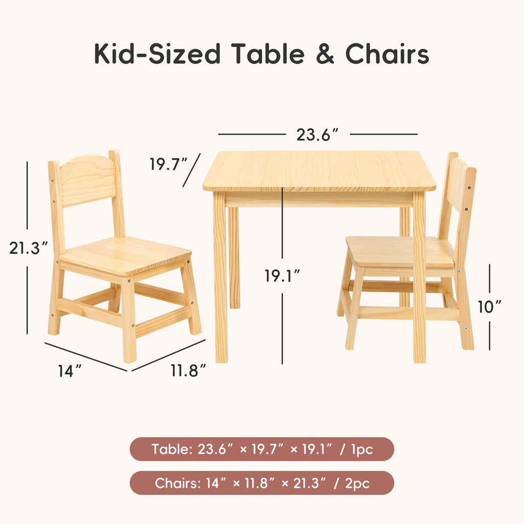 Solid Wood Toddler Table and 2 Chairs Set, Preschool Table