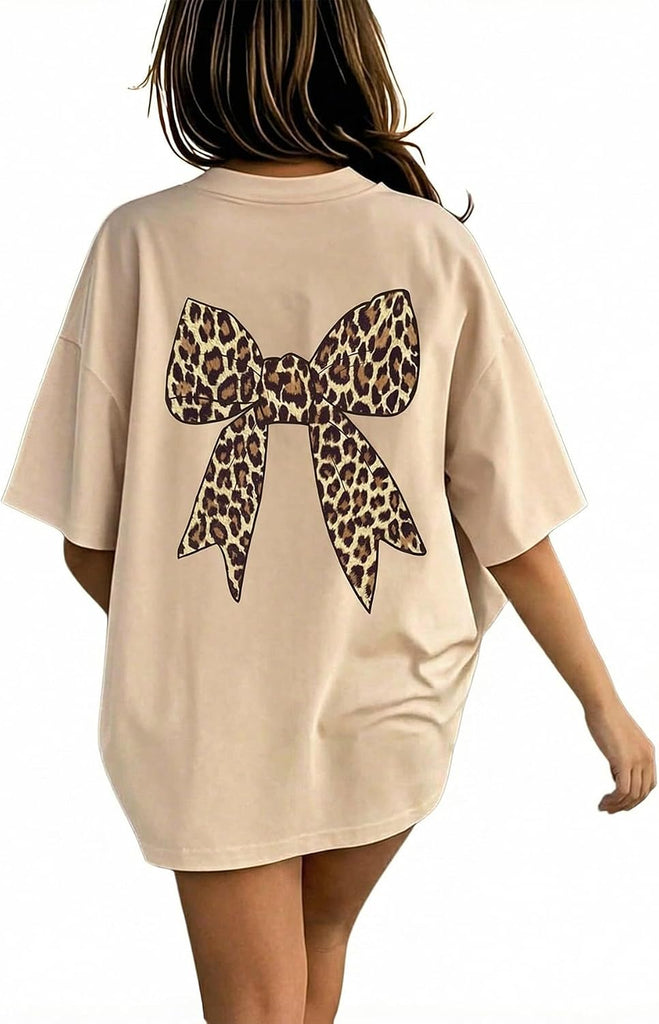 Girl's Bow Leopard Graphic Tees 2 Pack Summer Tops