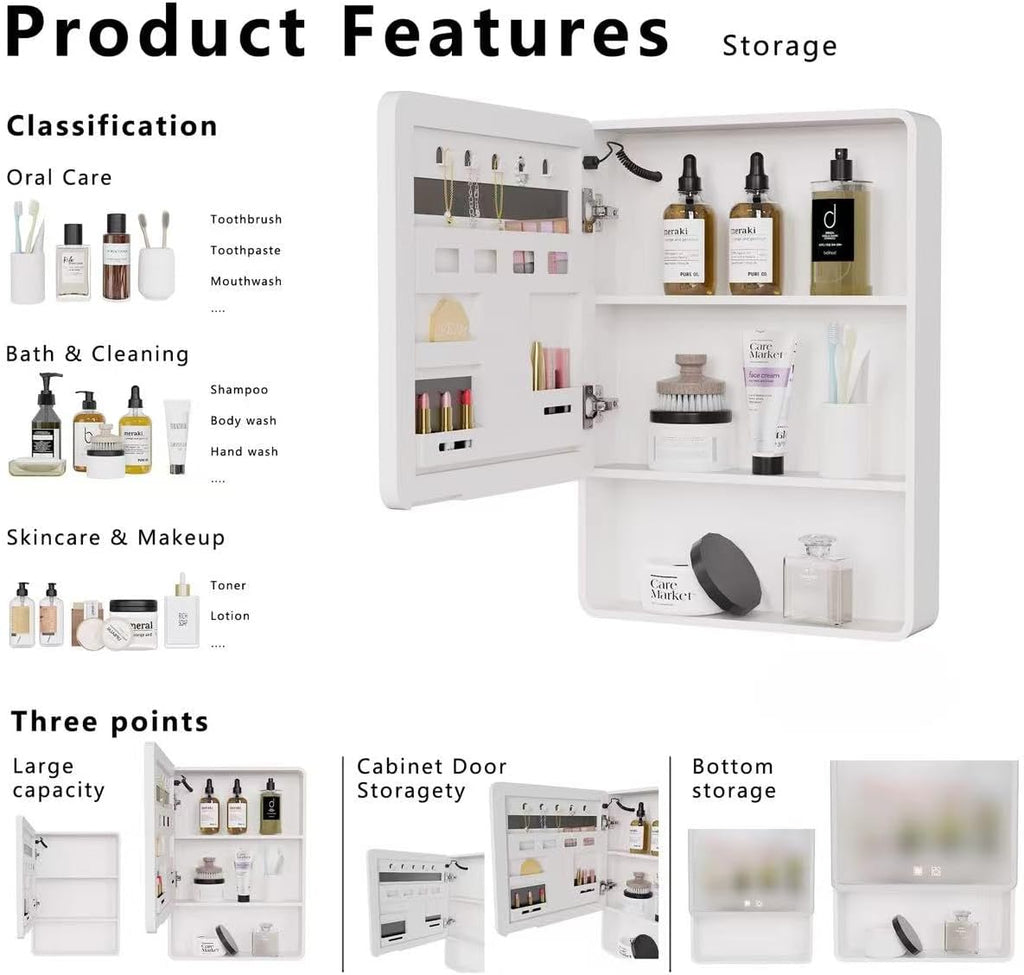 19.69" x 27.56" LED Bathroom Medicine Cabinet, Wall Mounted Mirror Cabinet with Warm LED Light, Anti-Fog Mirror