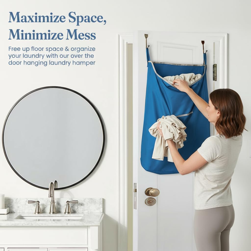 The Fine Living Co. X-Large Hanging Laundry Hamper with Over Door Hooks & Adhesive, Durable Space Saving Laundry Bag