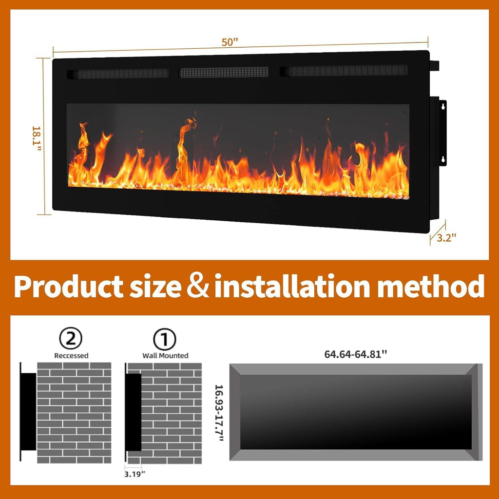 50 Inch Electric Fireplace Insert & Wall Mounted, Smart WiFi/Alexa Control, 1500/750w Heater, 12 Flame Colors, Remote