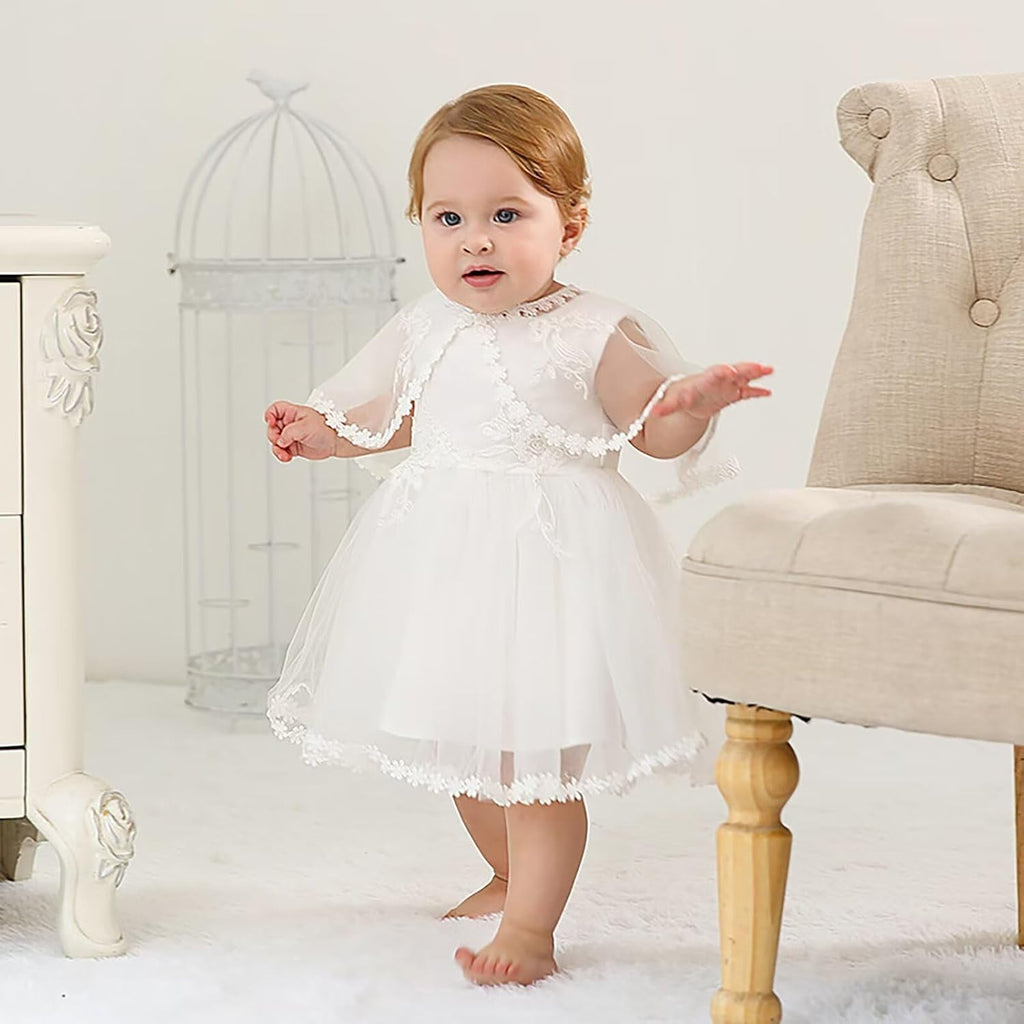 Baby Girls White Christening Dress With Bonnet Baptism Gown Lace Dress for Wedding Birthday