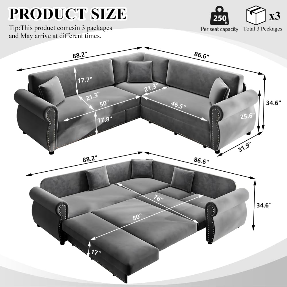 88.2" Chenille Sleeper Sofa Bed, Sectional Couches /Apartment, L Shaped Couch with Pull Out Couch Bed, Convertible