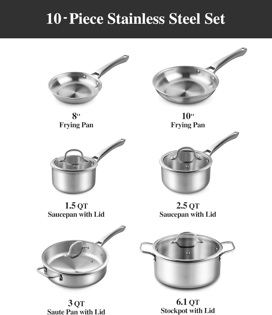 Stainless Steel Cookware Set,Tir-Ply Pots and Pans Set,10 Pcs Stainless Steel Induction Kitchen Cookware Sets,PFOA