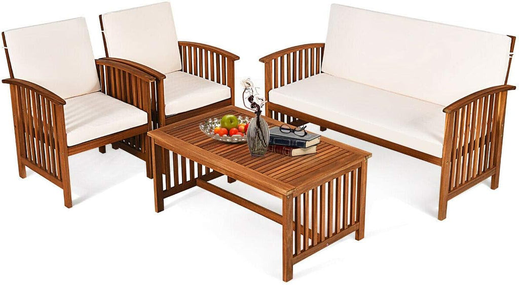 Outdoor 4 Pcs Acacia Wood Sofa Set w/Water Resistant Cushions, Padded Patio Seating Chat Set w/Coffee Table for