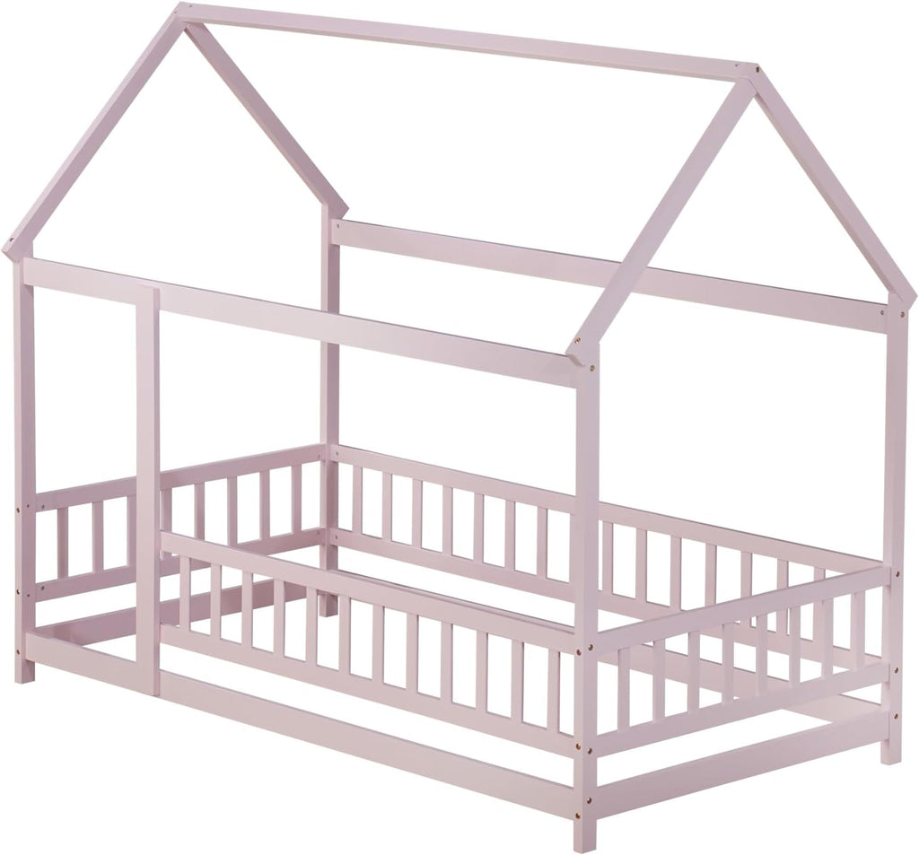 Montessori Floor Bed, White Wooden Canopy Bed, Pink