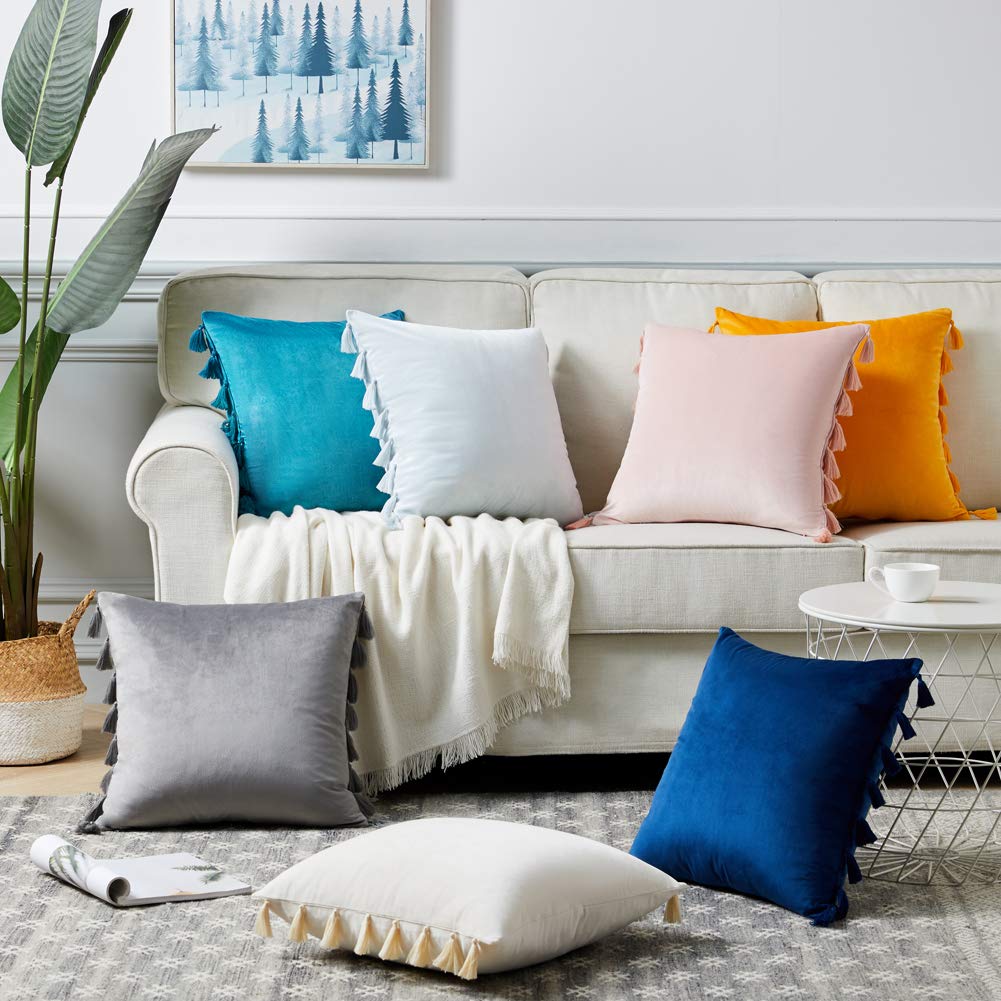 Pack of 2 Cute Decorative Throw Pillow Covers with Handmade Tassels, Soft Velvet Peach Solid Square Cushion Case Set