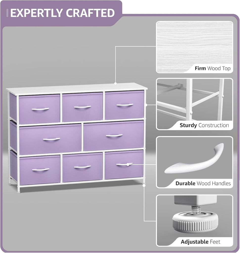 Kids Dresser with 8 Drawers - Chest Organizer Unit with Steel Frame Wood Top & Handle, Fabric Bins for Clothes - Wide