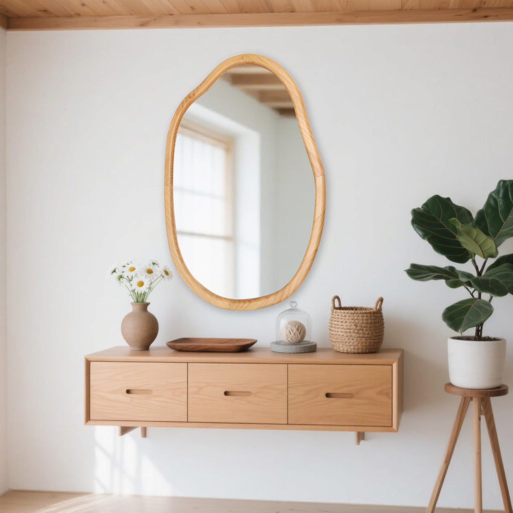 Irregular Wall Mirror, Wood 22X30 Large Asymmetrical Modern Vanity Bathroom Farmhouse Abstract Walnut Nature Mirror