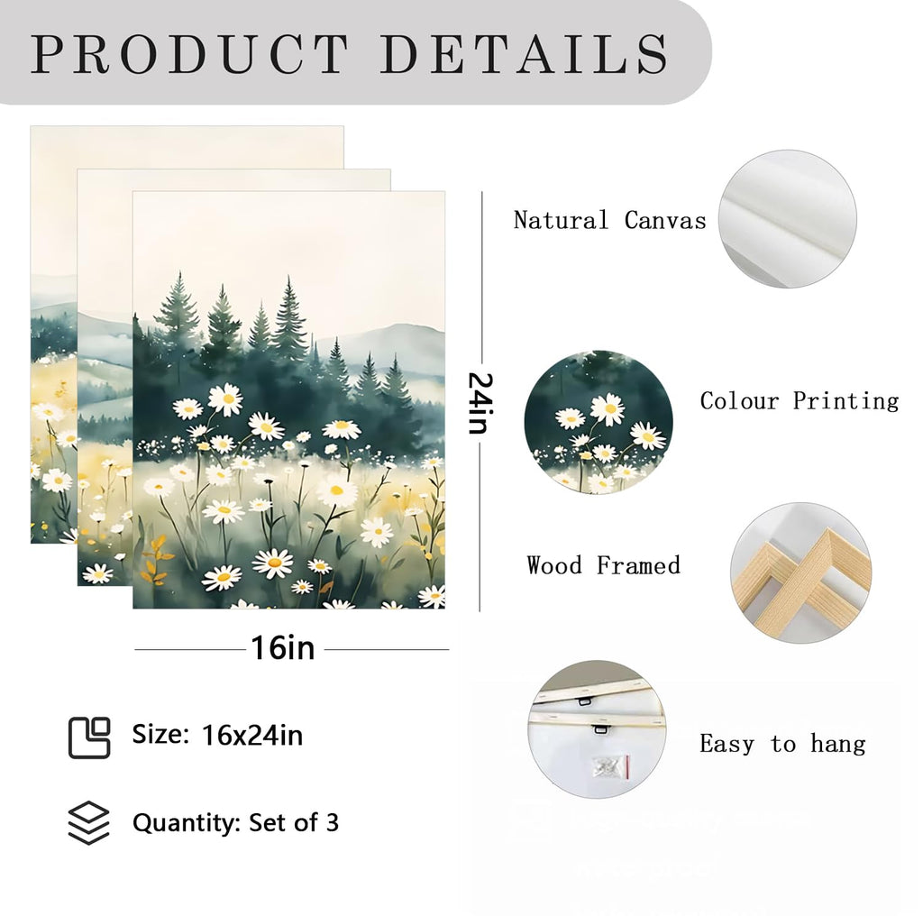 Boho Mountain Flower Wall Art Landscape Green Daisy Canvas Wall Decor Abstract Wildflower Art Prints Farmhouse