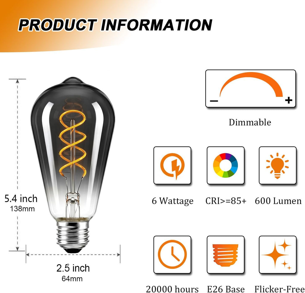 ST64 LED Vintage Edison Light Bulbs 60W Equivalent, Dimmable Smoky 3000K