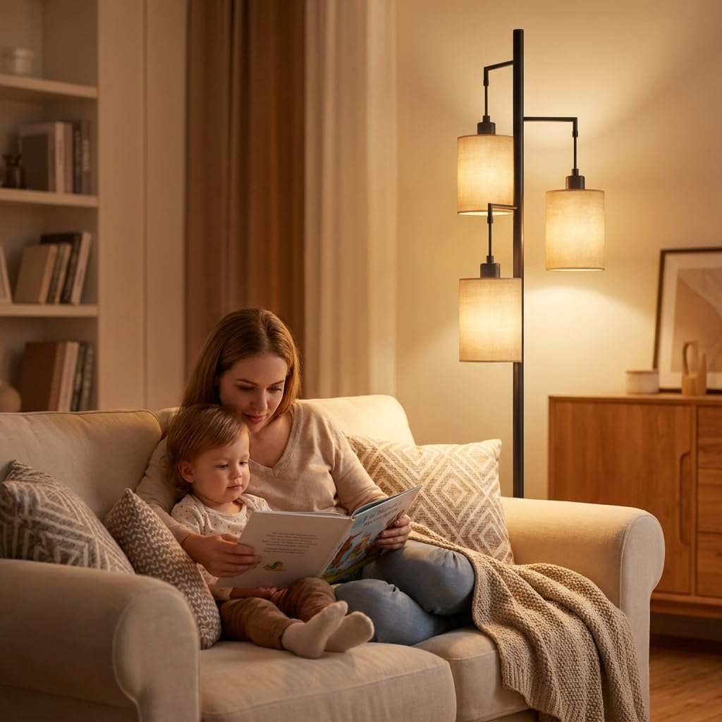 3 Lights Boho Floor Lamps with ON/Off Foot Switch Tree Standing Lamp with Hanging Lampshades Farmhouse Floor Lamp