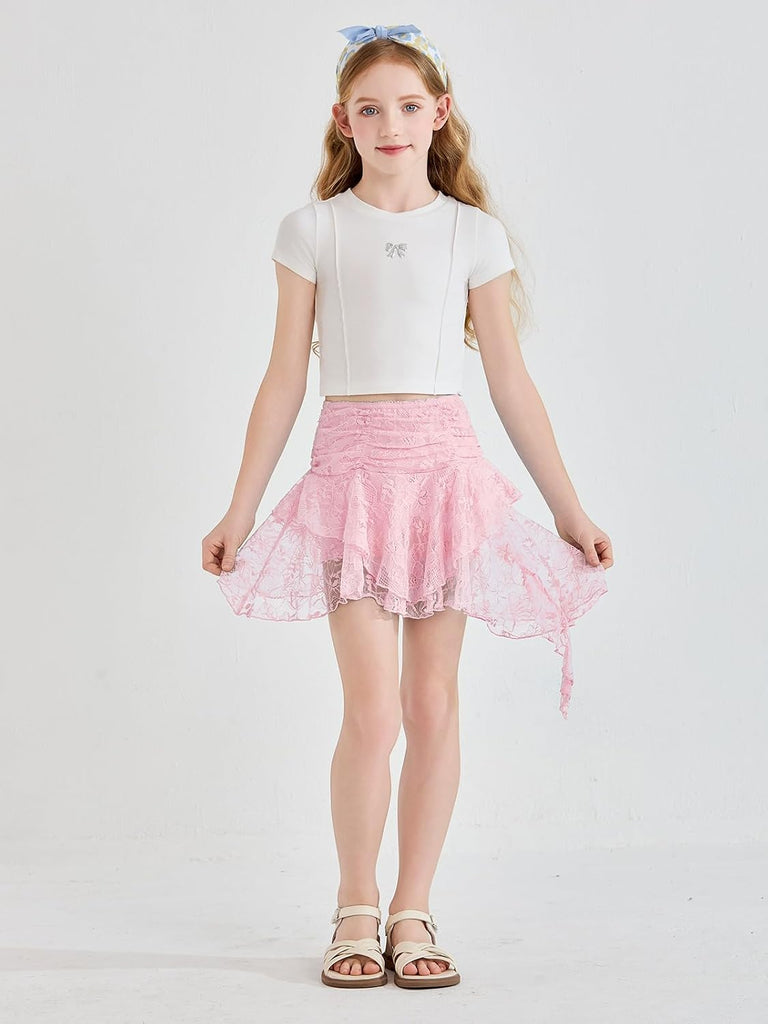 Girls Y2K Lace Mini Skirt Ruffle Asymmetrical Flowy Short Skort