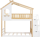 Twin Over Twin Bunk Bed with Stairs, Stairway House Bunk Bed Frame with Storage and Guard Rail for Kids Girls Boys