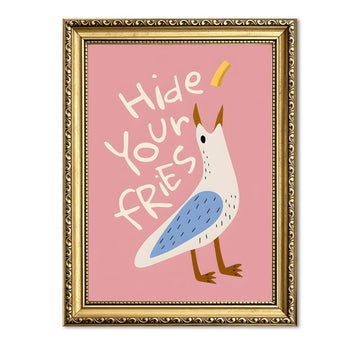 Cute Seagull Wall Art Trendy Coastal Hide Your Fries Wall Decor Painting, Funny Beach Bird Animal Poster Canvas Print