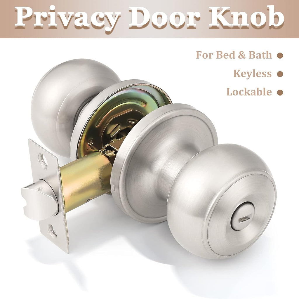 6 Pack Round Privacy Door Knob(Thumb Turn Lock on The Inside), Keyless Doorknobs Interior/Exterior Lockset,Privacy