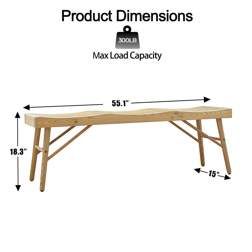 55" Modern Dining Bench, Solid Oak Wood Bench with Rattan Seat, Entryway Bench Table, Indoor Wooden Bench, Easy