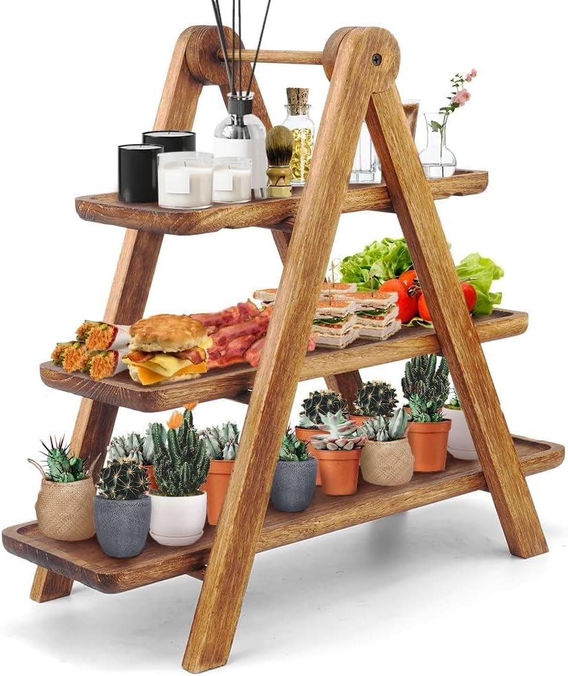 Wood 3 Tier Serving Tray Three Tiered Cupcake Stand, Rectangle Serving Platter Wooden Farmhouse Tiered Tray, Party