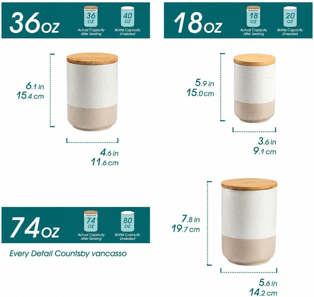 Sabine Kitchen Canister, Ceramic Food Storage Containers with Airtight Wood Lids, Countertop & Pantry - Set of 3