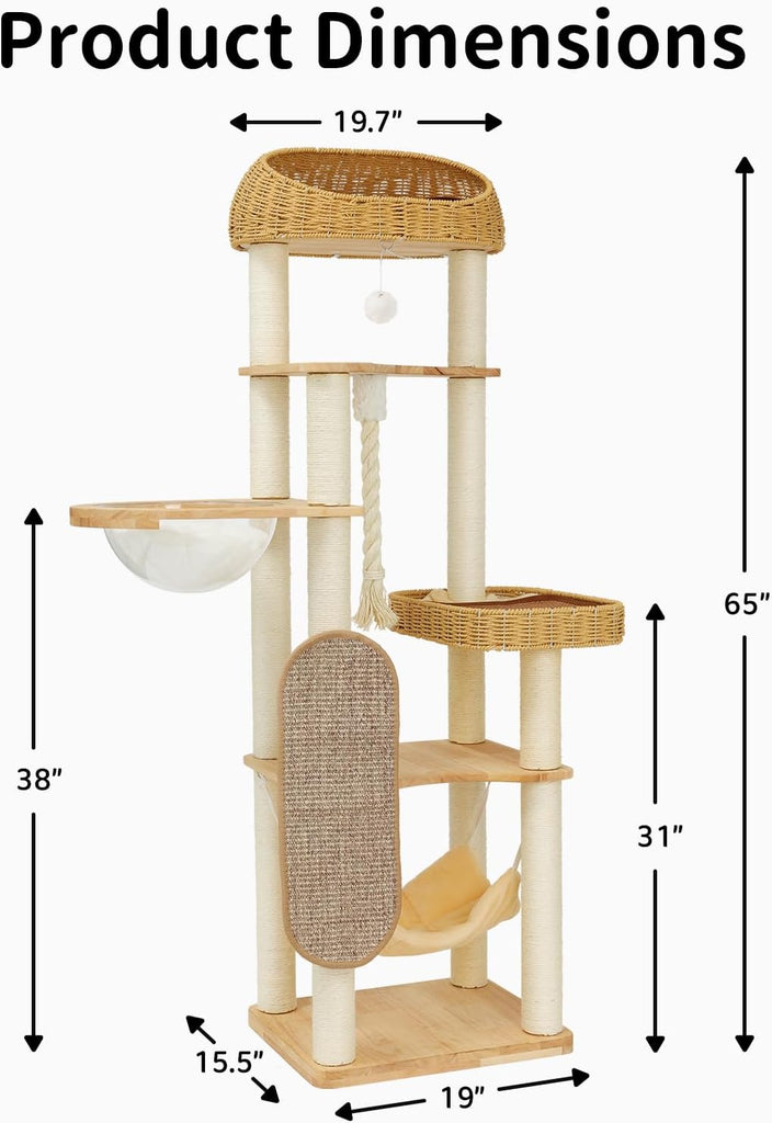 Solid Rubberwood Cat Tree Tower with Scratching Post, Hammock Ect, 65 Inch Hight