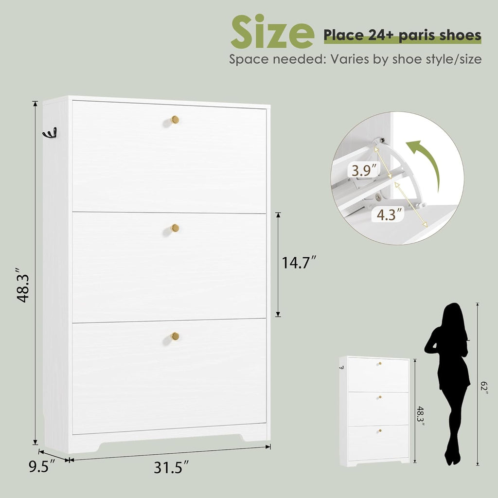 Shoe Cabinet with 3 Flip Drawers, Narrow Shoe Organizer Cabinet, Freestanding Shoe Rack Cabinet, Modern Shoe Storage