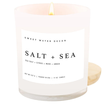 Salt and Sea Candle - Sea Salt, Citrus, Amber, Musk, Beach Scented Soy Candles - 11oz White Glass Jar + Wood Lid, 50+