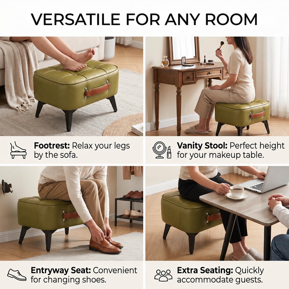Vintage Style Faux Leather Ottoman Footstool - Wooden Frame, Upholstered Interior, Multi-Use Footrest (Azure Green)