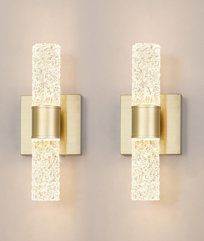 Crystal LED Wall Sconces Set of 2, Brushed Gold Bathroom Light Fixtures, Modern Bathroom Sconce Lights with Wired LED