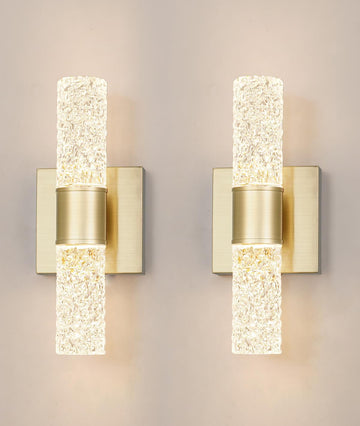 Crystal LED Wall Sconces Set of 2, Brushed Gold Bathroom Light Fixtures, Modern Bathroom Sconce Lights with Wired LED
