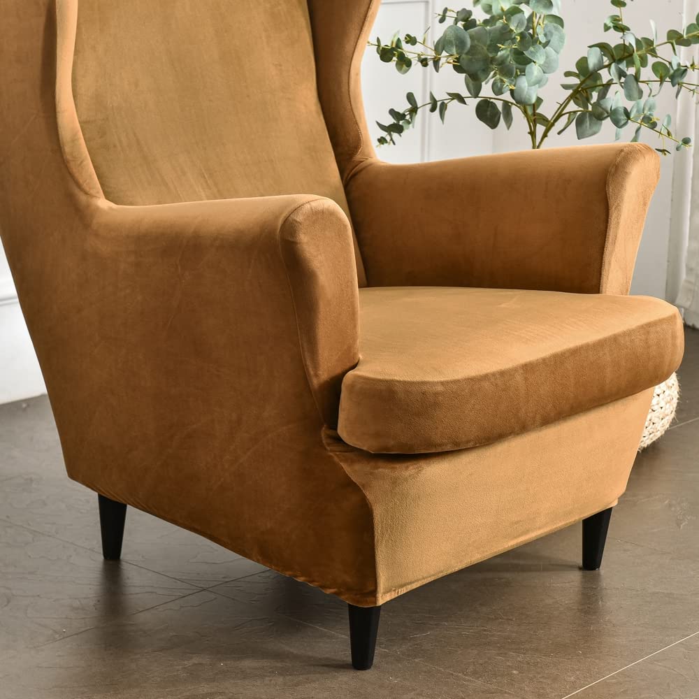 Wingback Chair Slipcover 2-Piece Velvet Stretch Wing Chair Slipcovers with Cushion Cover Removable Washable Armchair