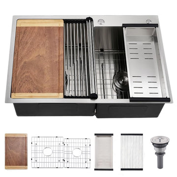Drop In Double Bowl Kitchen Sink - 33 x 22 Inch Top Mount sink