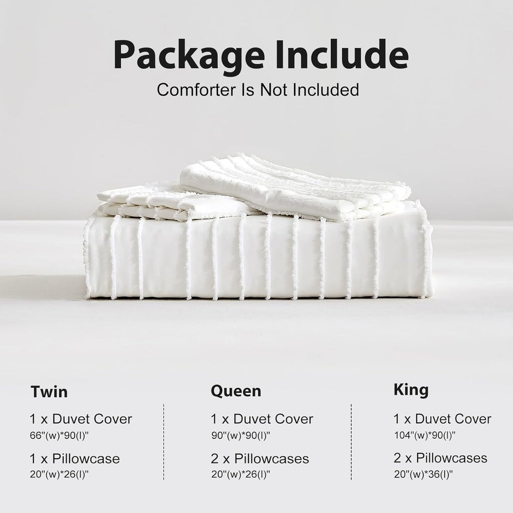 White Boho Duvet Cover Set Queen, Striped Textured Tufted Bedding Set, 3 Pcs Ultra Soft Washed Microfiber with Zipper