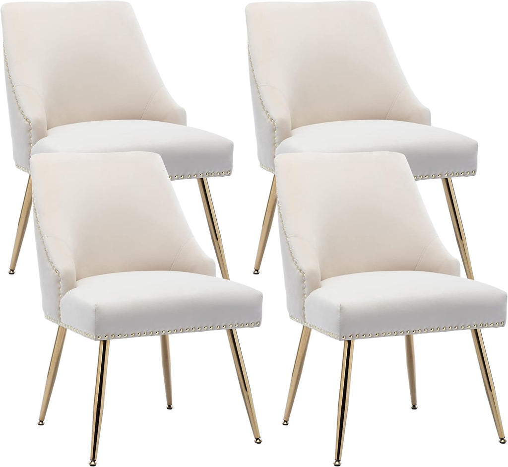 Velvet Dining Room Chairs Set of 4 Nailhead Back Ring Pull Trim with Gold Legs for Kitchen Living Room(Beige)