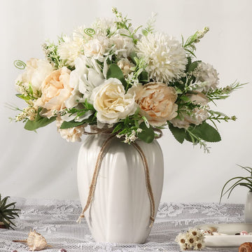 Peonies Artificial in Vase, Fake Silk Peony Flower Bouquet with Vase Faux Arrangement Decor Home Table Dining Room