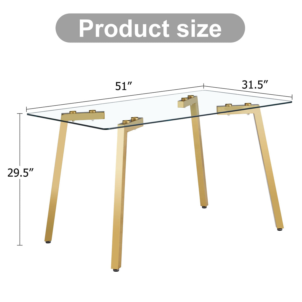 51" Modern Glass Dining Table with Rectangular Tempered Tabletop, Dinner Desk W/Goldes Metal Legs, Gold+Clear Finish