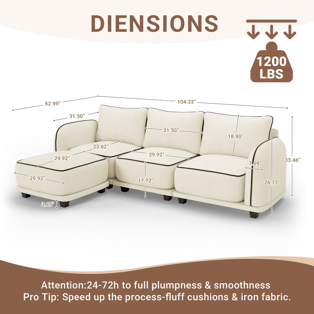 104 Inch L Shaped Modular Sectional Sofa, 4 Seater Modern Cloud Chenille Comfy Couch with Movable Ottoman & 3 Back