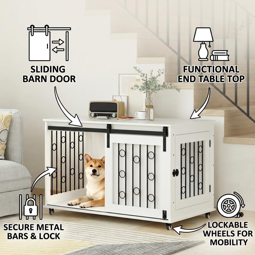 Dog Crate Furniture with Sliding Barn Door & Side Door, 39" Wooden Dog Kennel End Table for Small Medium Dogs, Indoor