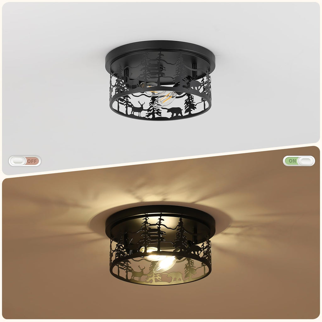 Rustic Farmhouse Flush Mount Ceiling Light, Black Bear Light